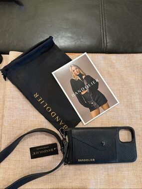 Bandolier Black Leather Card Wallet Crossbody Phone Case with Strap iphone 11.